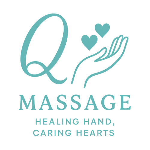 Q Massage logo with hand, hearts, and healing hand caring hearts tagline