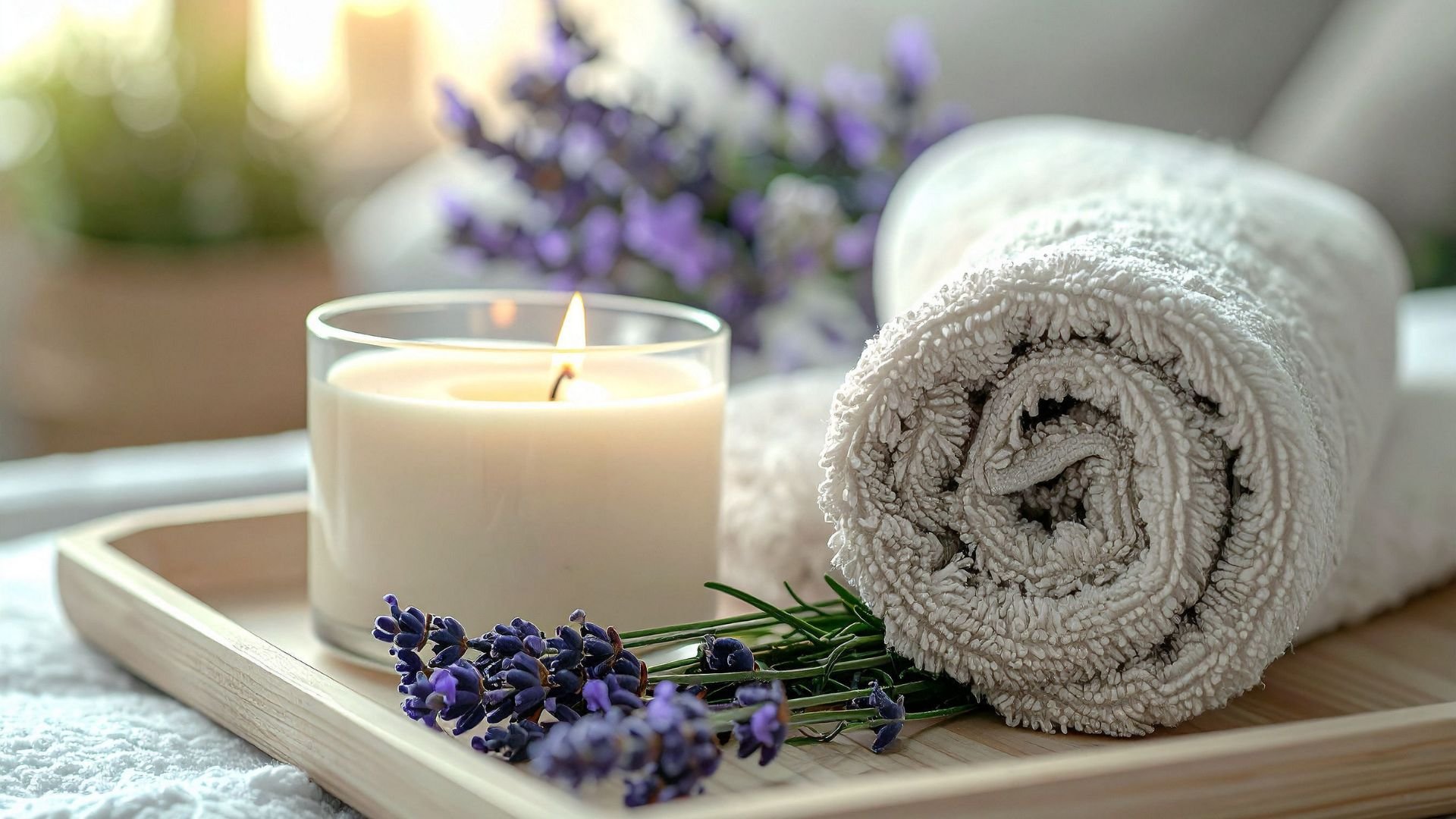 Relaxing spa setting with lavender, candle, and rolled white towel
